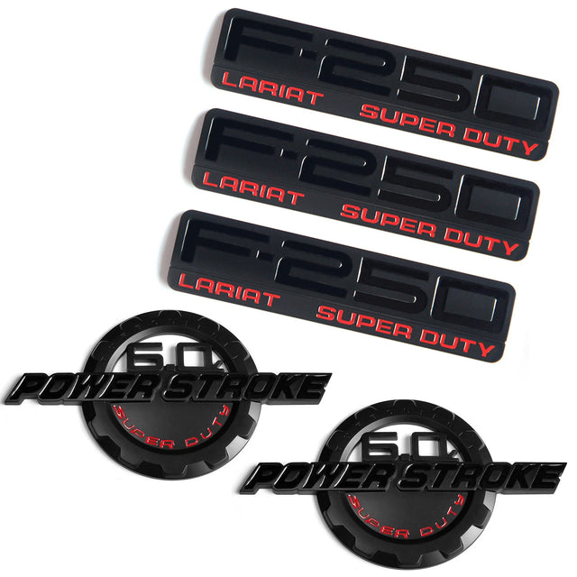 6.0L POWER STROKE + F-250 Lariat Super Duty Emblem Badge for Ford F250 (Black/Red/Chrome) 5-Pack