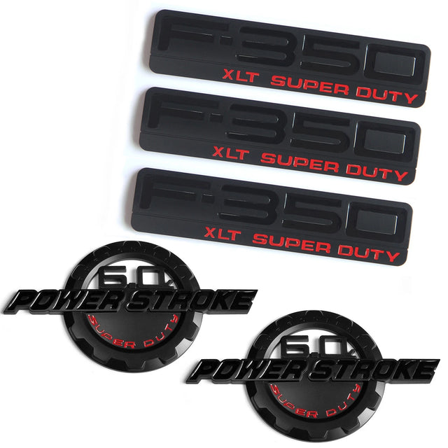 6.0L POWER STROKE + F350 XLT Super Duty Emblem Badge Set for Ford F350 (Black/Chrome/Red) 5-Pack