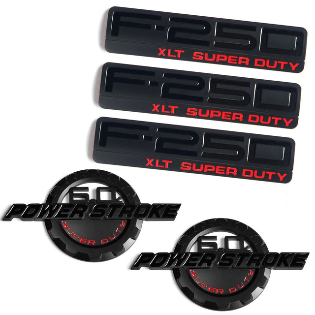 6.0L POWER STROKE + F250 XLT Super Duty Emblem Badge Set for Ford F250 (Black/Red/Chrome) 5-Pack