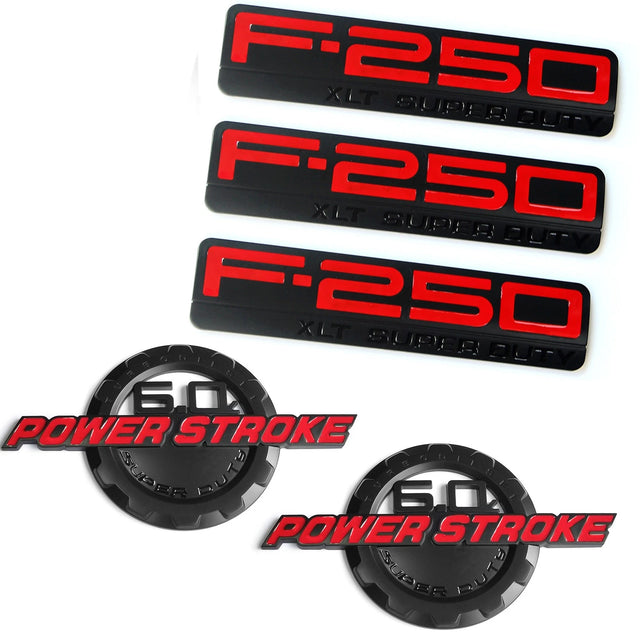 6.0L POWER STROKE + F250 XLT Super Duty Emblem Badge Set for Ford F250 (Black/Red/Chrome) 5-Pack