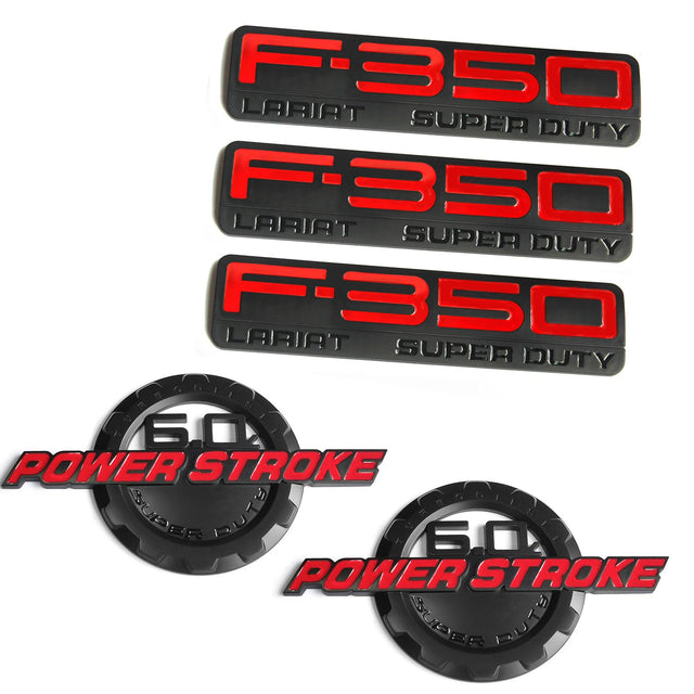 6.0L POWER STROKE + F-350 Lariat Super Duty Emblem Set for Ford F350 (Black/Chrome/Red) 5-Pack