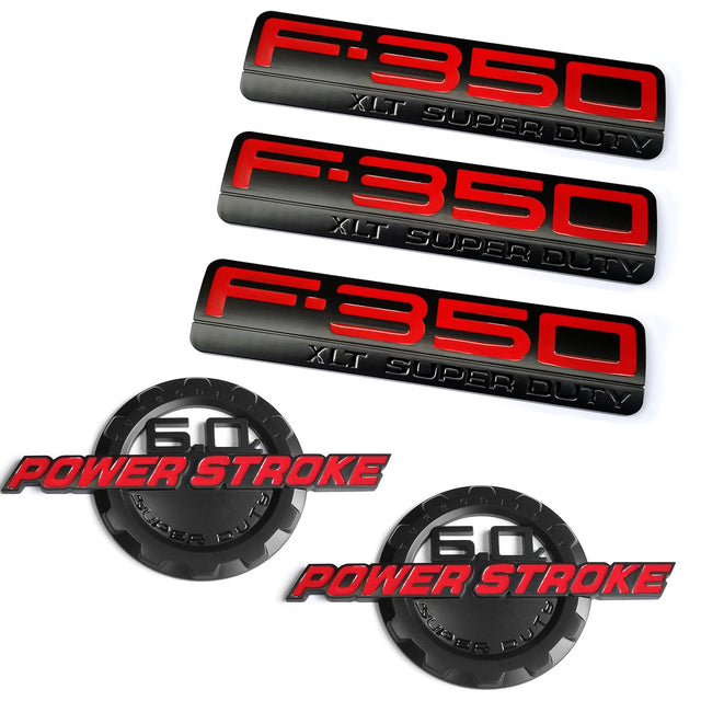 6.0L POWER STROKE + F350 XLT Super Duty Emblem Badge Set for Ford F350 (Black/Chrome/Red) 5-Pack